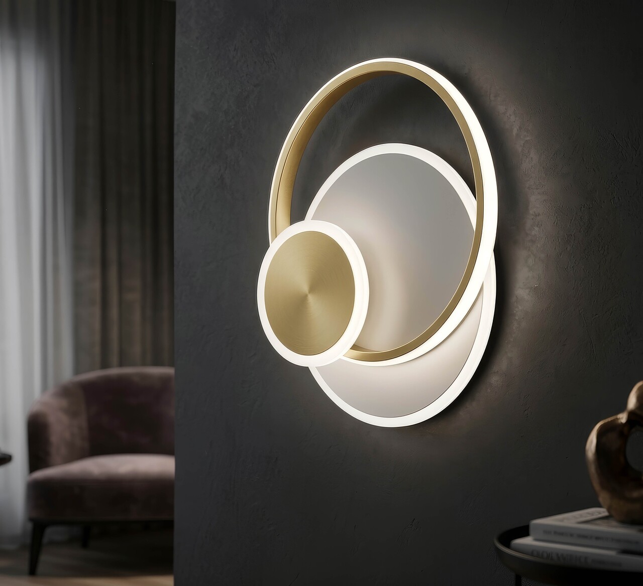 Aplica de perete, Mauro Ferretti, Dish, banda LED integrata, 65W, 3000K / 4000K / 6000K, 29x6.5x34 cm, aluminiu/fier, auriu/alb - imagine 7